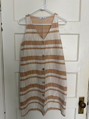 Mango Cream and Tan Striped Button-Front Mini Dress